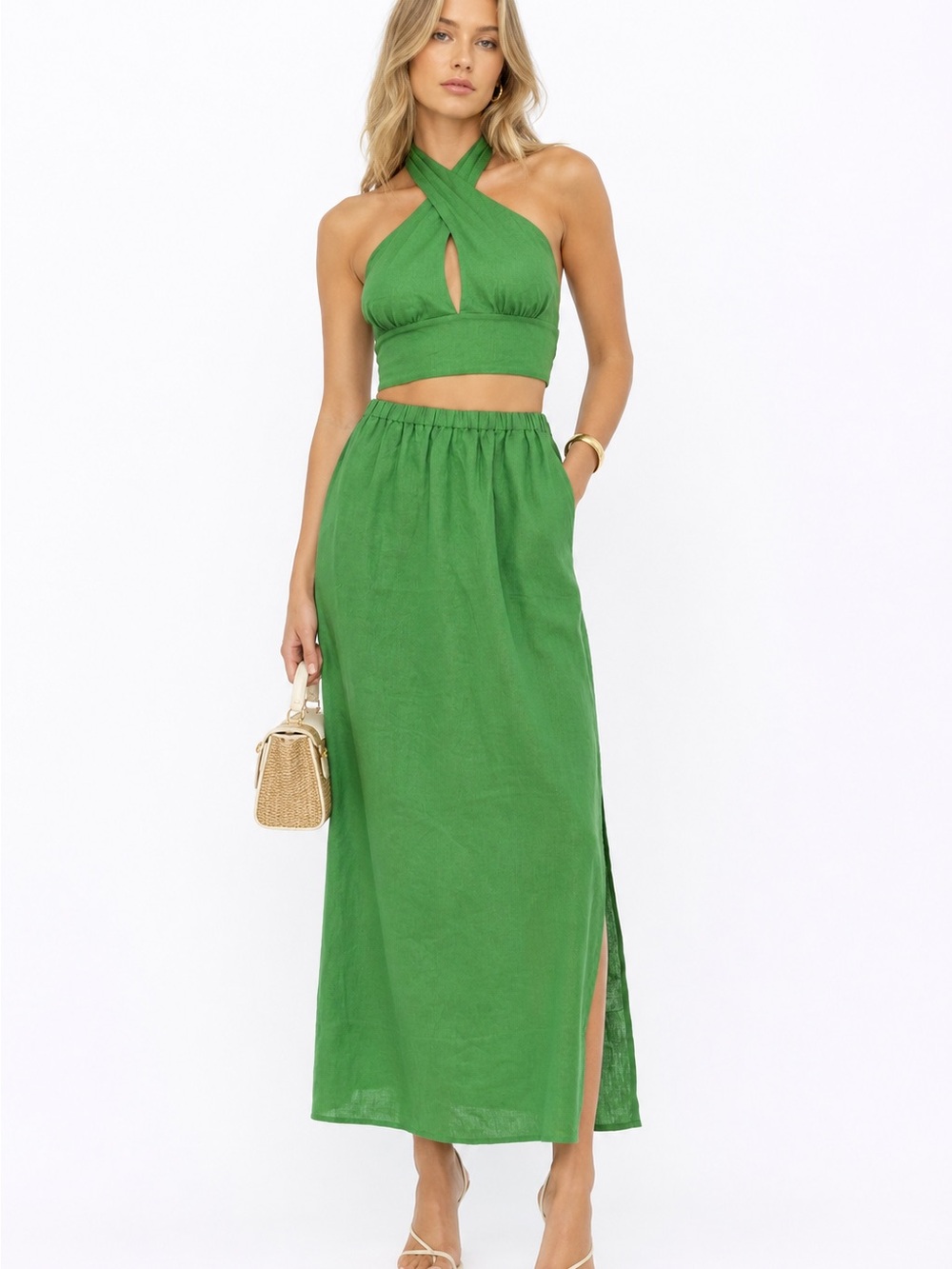 Reformation Kelly Green Linen Tulin Top & Skirt Set, Size 8 Top / Size 4 Skirt